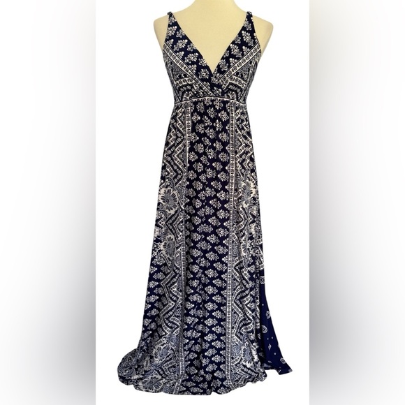 Soma Navy Elegant Navy and White Patterned Sleeveless V Neck Maxi Dress Size XS - Picture 1 of 9